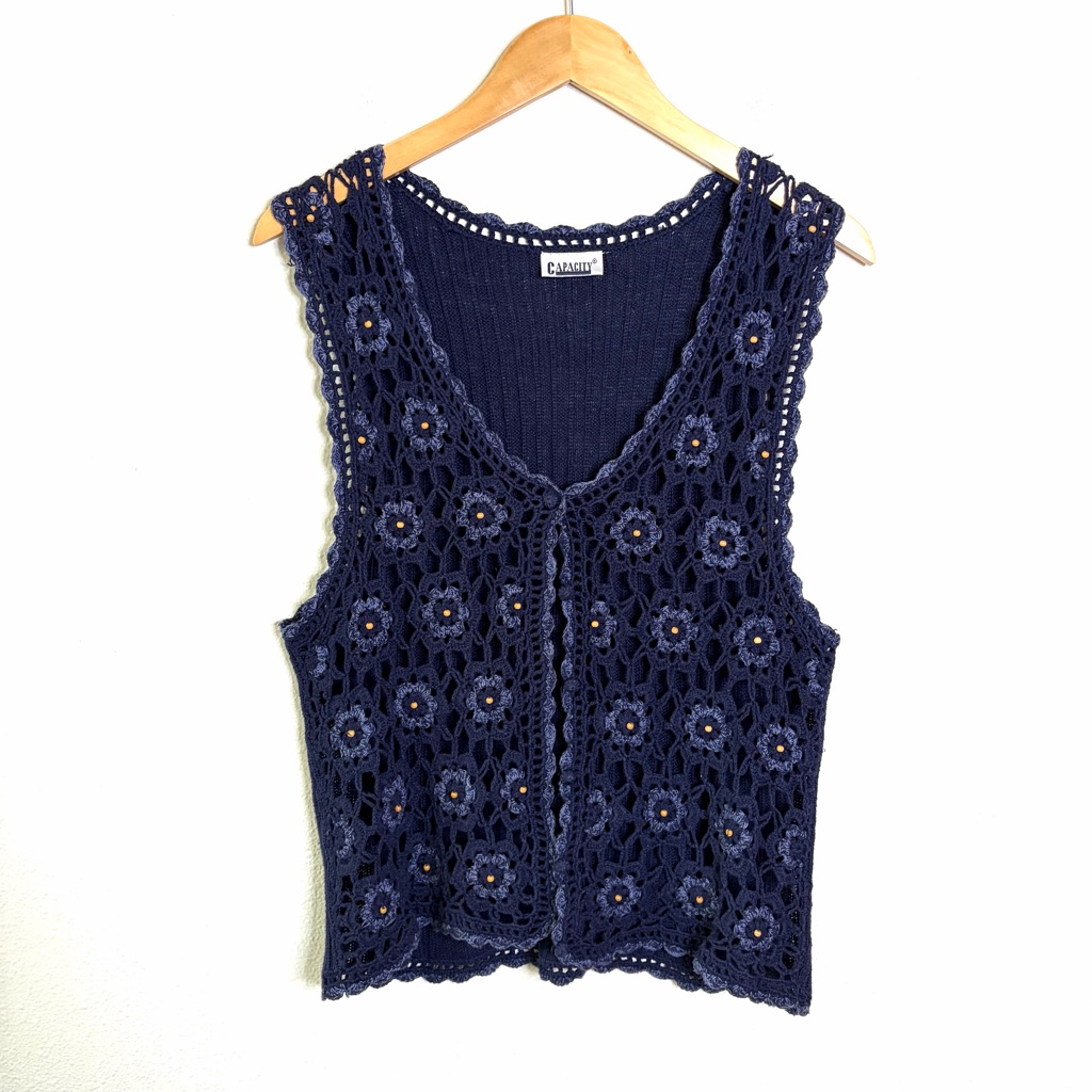 Vintage Crochet Vest Top Blue Navy Crochet Cardigan Knit Sweater Cottagecore M